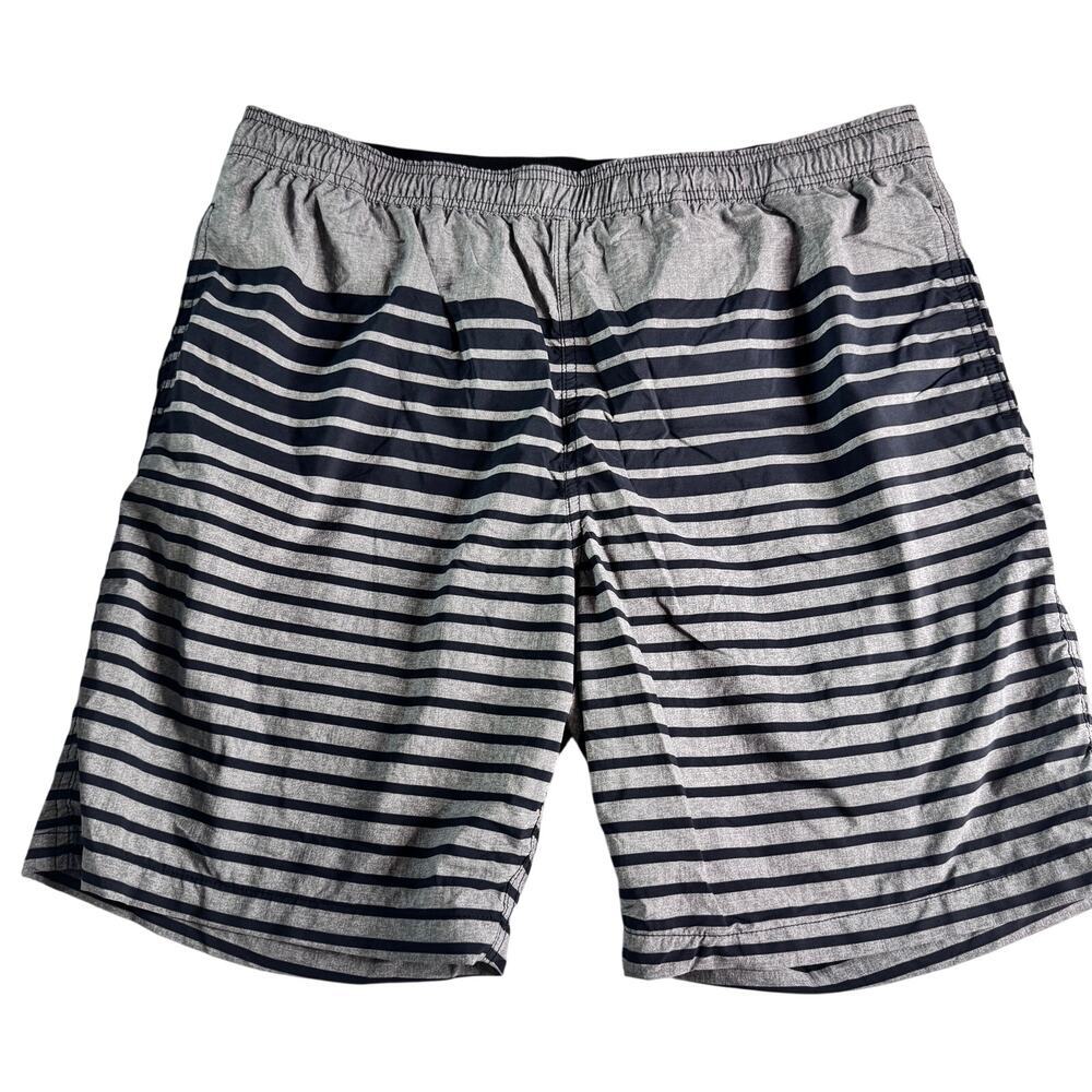 Kirkland Signature Men’s Swim Trunks XL Gray Black Striped Stretch Swim Shorts